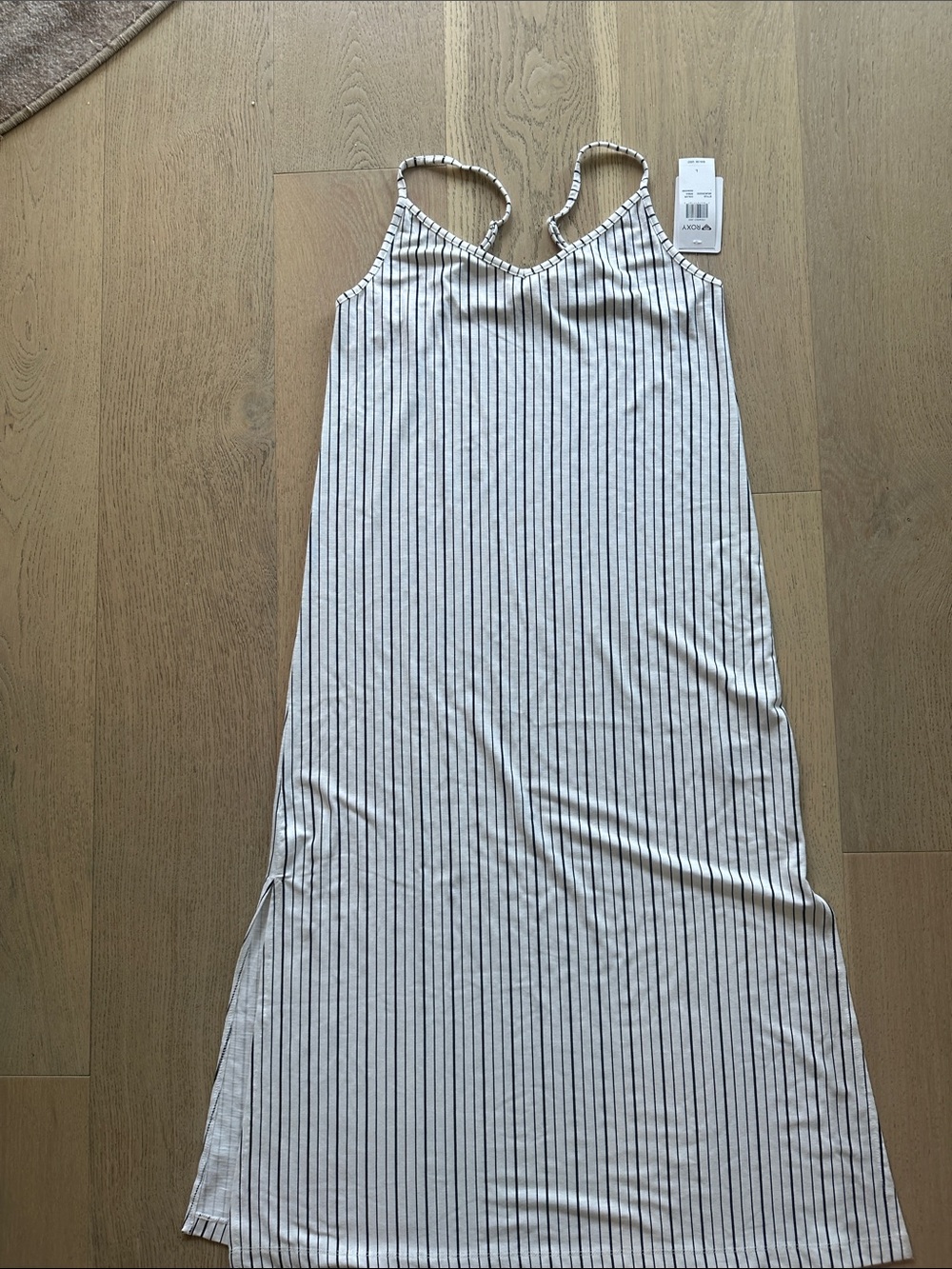 Roxy White and Black Striped Spaghetti-Strap Midi Dress